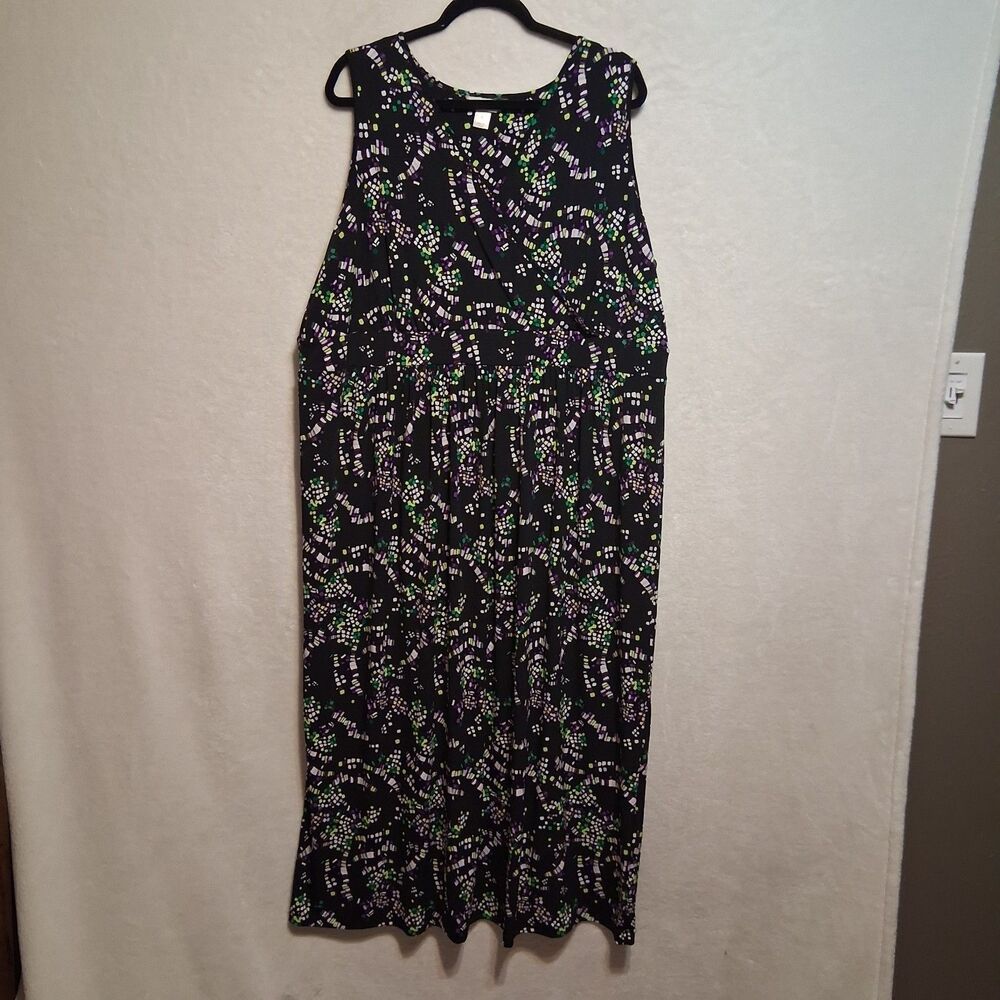 CJ Banks 2X Dress Maxi Black Sleeveless Purple Geo Print Surplice V-Neck Stretch